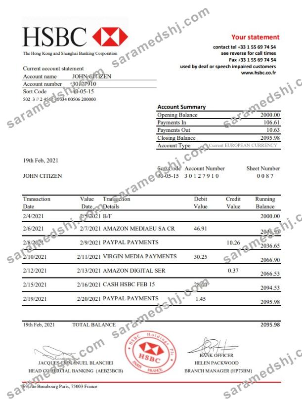 France HSBC bank statement template in .xls and .pdf file format
